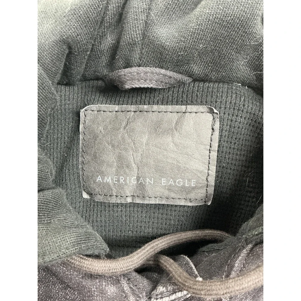 American Eagle Jacket‎ Mens Small Gray Denim Hooded Trucker Bomber Button Front